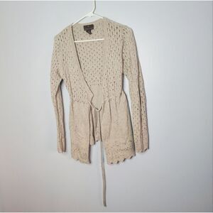 Fenn Wright Manson M Cardigan Tan Eyelet Knit Front Tie Wrap Coastal Beach Boho